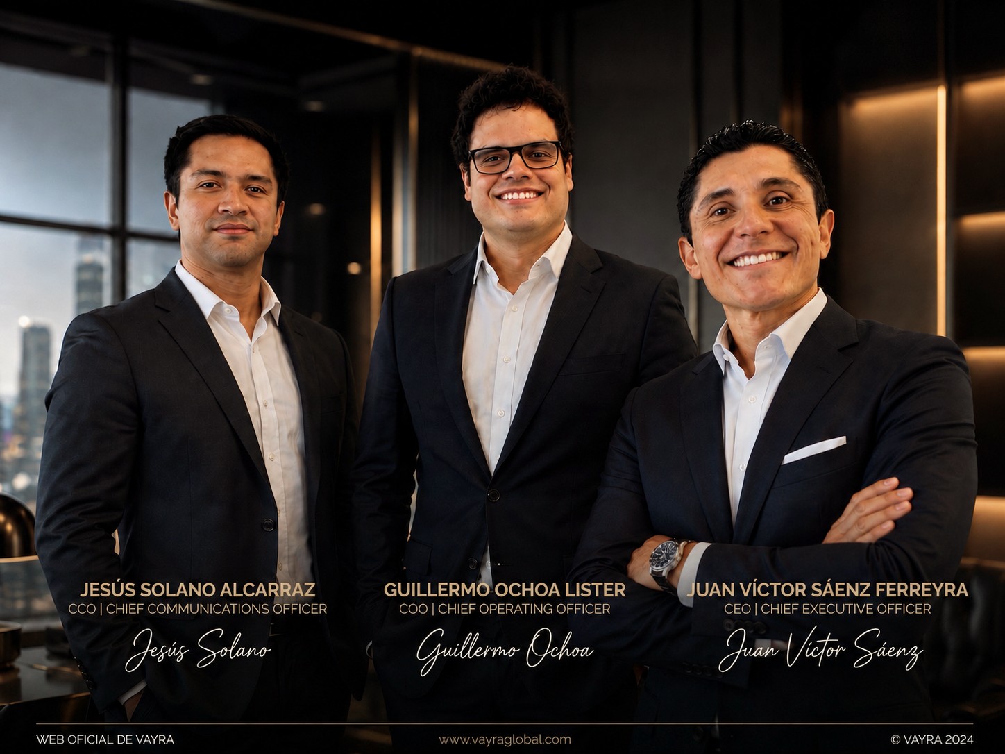 Los tres fundadores de VAYRA: Jesús Solano Alcarraz, CCO; Guillermo Ochoa Lister, COO; y Juan Víctor Sáenz Ferreyra, CEO.