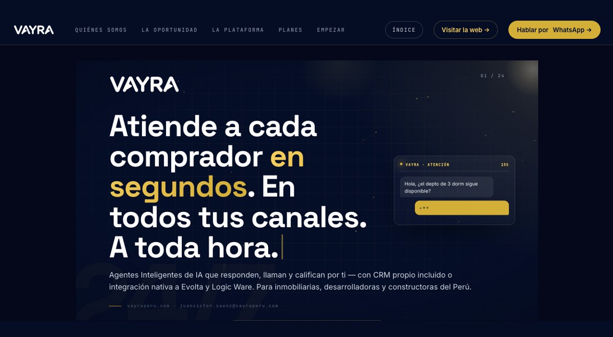 Portada de VAYRA Inmobiliaria: «Atiende a cada comprador en segundos. En todos tus canales. A toda hora.»